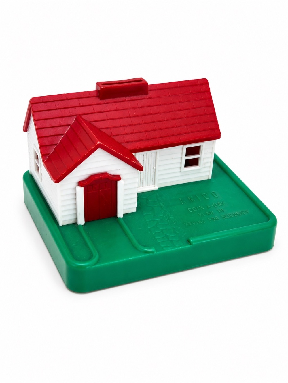 Vintage ANICO Coin A Day Saving for Security Plastic House Coin Bank Red White